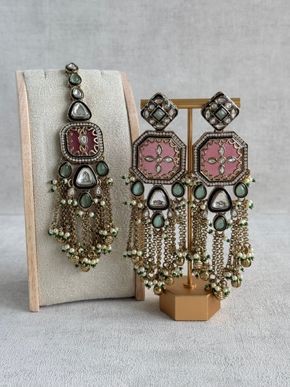 Ayura Designs Ashna Choker Set with Tikka and Earrings – Rose Pink, Mint Green & Kundan with Chains & Ghungroos in Antique Gold Finish