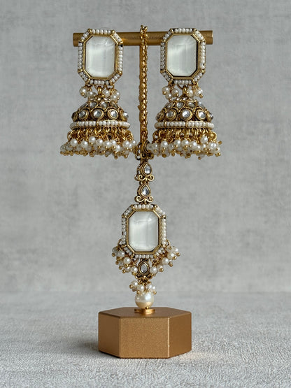 Ayura Designs Heena Tikka Set with Jhumkis – Ivory Stone, Kundan & Pearl Detailing