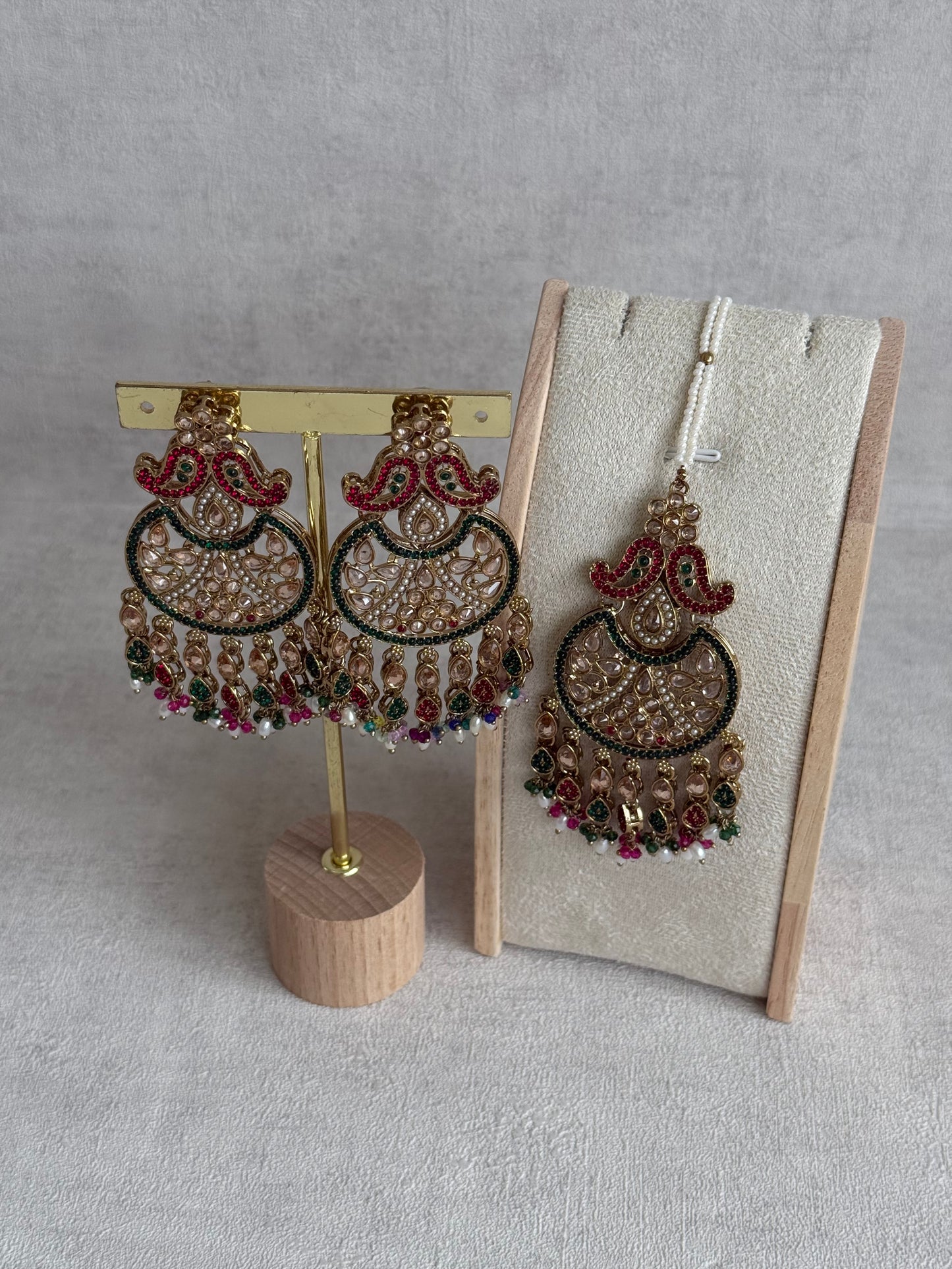 Ayura Designs Anvi Tikka Set with Earrings – Ruby Red & Emerald Green with Champagne Stones