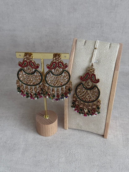 Ayura Designs Anvi Tikka Set with Earrings – Ruby Red & Emerald Green with Champagne Stones