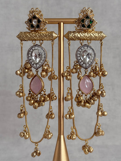 Ayura Designs Rouf Earrings – Kashmiri Earrings with Blush Pink Stone, Crystal Detailing & Ghungroo Accents
