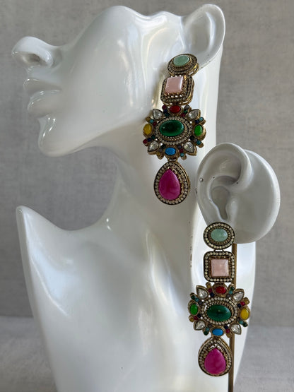 Ayura Designs Jeenat Earrings – Multicolour Stones, Crystal Detailing & Rani Pink Teardrops