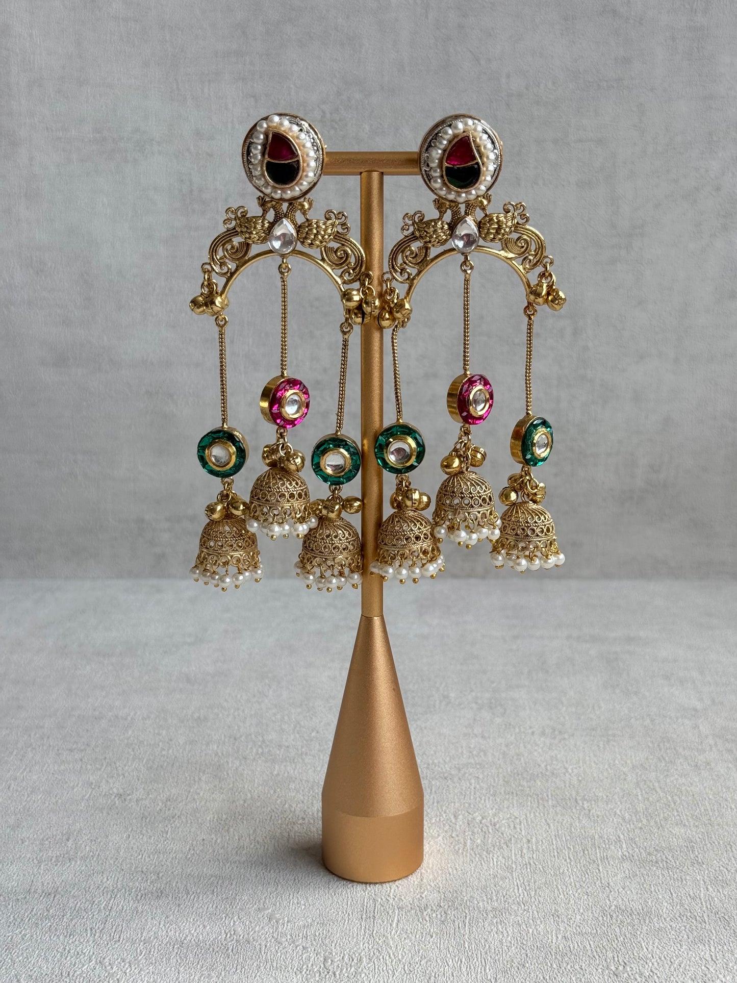 Ayura Designs Arzina Earrings – Triple Jhumki Earrings with Pink & Emerald Green Stones, Pearl Borders & Gold Detailing