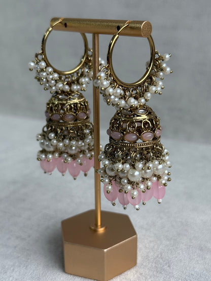 Ayura Designs Jugni Jhumkis – Antique Gold Balis with Blush Pink Beads & Pearl Clusters