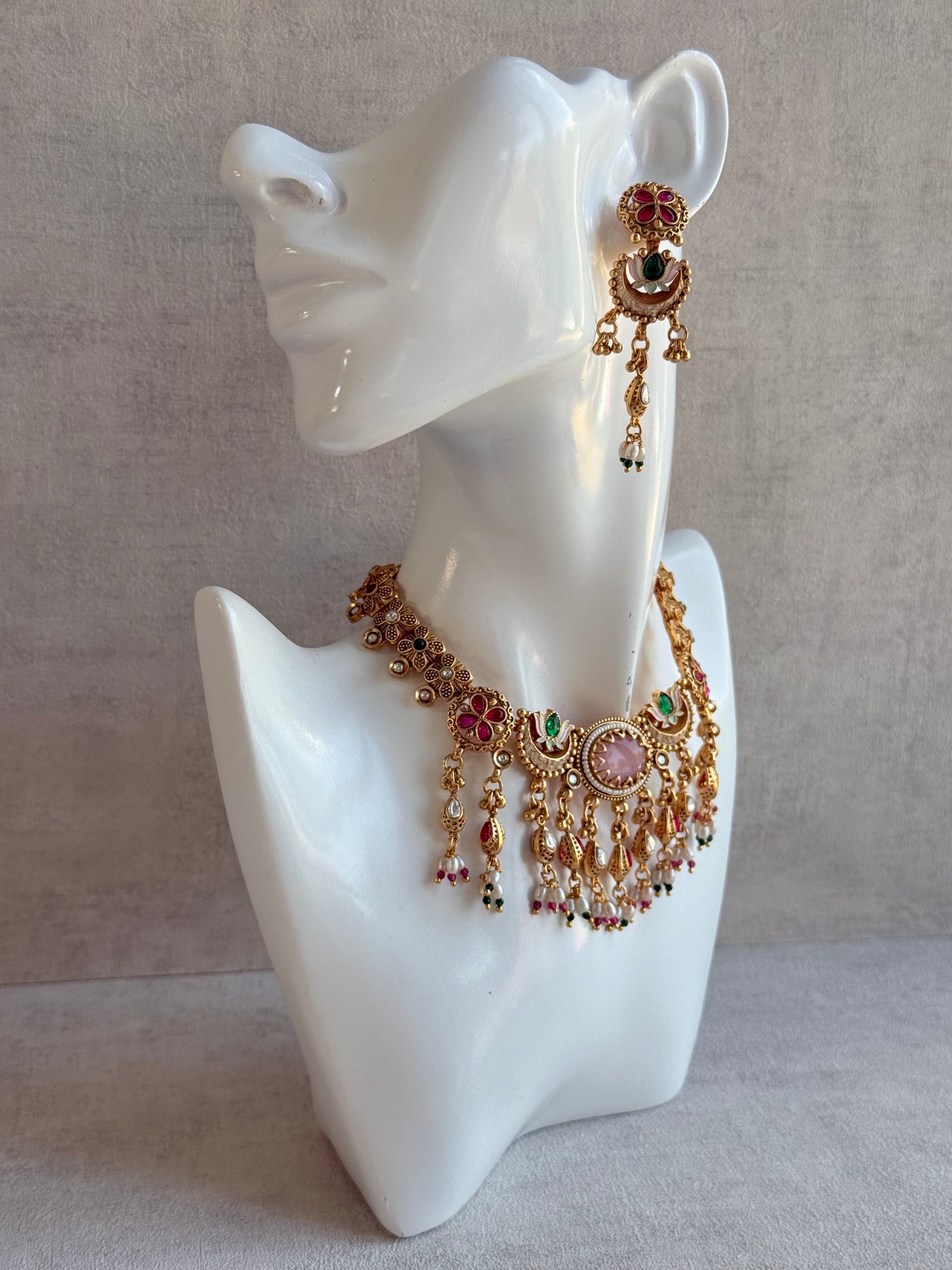 Ayura Designs Aavya Necklace Set – Blush Pink & Emerald Green Kundan Meenakari Design
