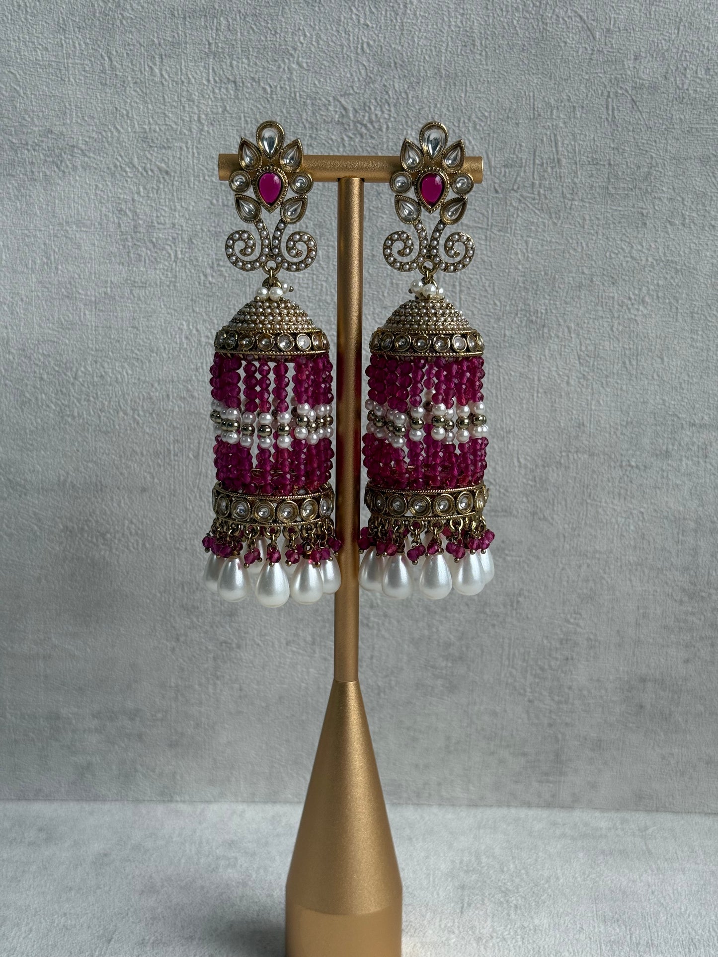 Ayura Designs Sage Earrings – Statement Jhumkis with Mirror-Cut Stones, Pearl Drops & Fuchsia Beads