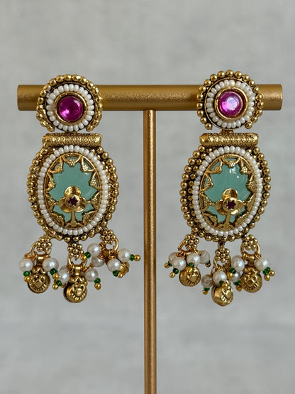 Ayura Designs Enjal Earrings – Mint Green Enamel, Pearl Beading, Pink Stone & Gold Finish