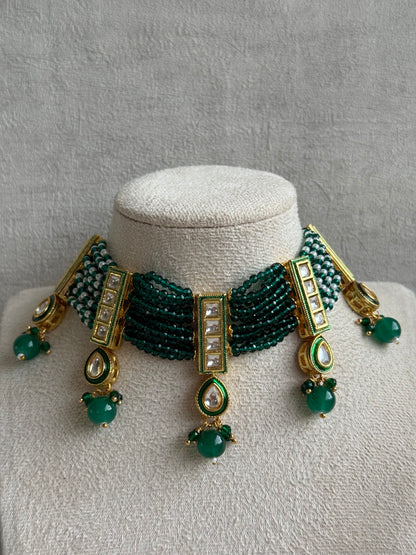 Ayura Designs Taanvi Choker Set – Emerald Green Beaded Choker & Earrings with Kundan Panels, Gold Finish & Drop Detailing