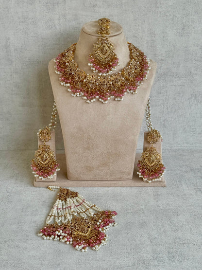 Ayura Designs Faryal Bridal Set with Necklace, Earrings, Tikka & Jhoomar – Antique Gold, Pearl & Blush Pink Detailing