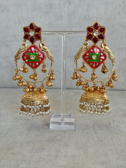 Ayura Designs Farida Earrings – Brass Jhumka Earrings with Ruby & Green Enamel, Bird Motifs and Pearl Dangling Drops