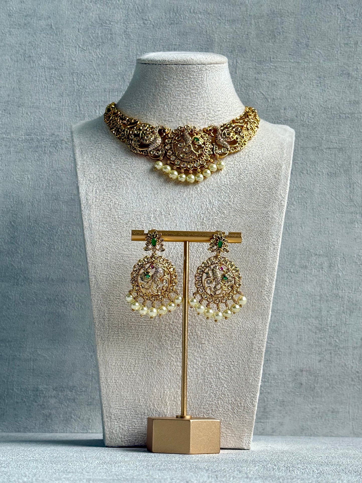 Ayura Designs Vedya Set – Antique Gold Peacock Necklace with Kundan, Emerald & Pearl Detailing
