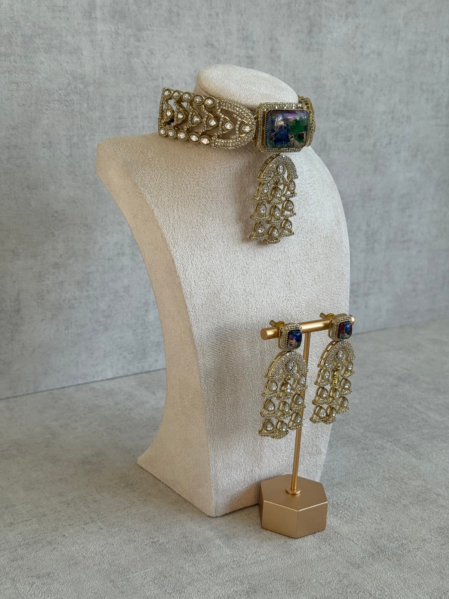 Ayura Designs Isla Choker Set with Earrings – Multicolour Marble & Moissanite Stones