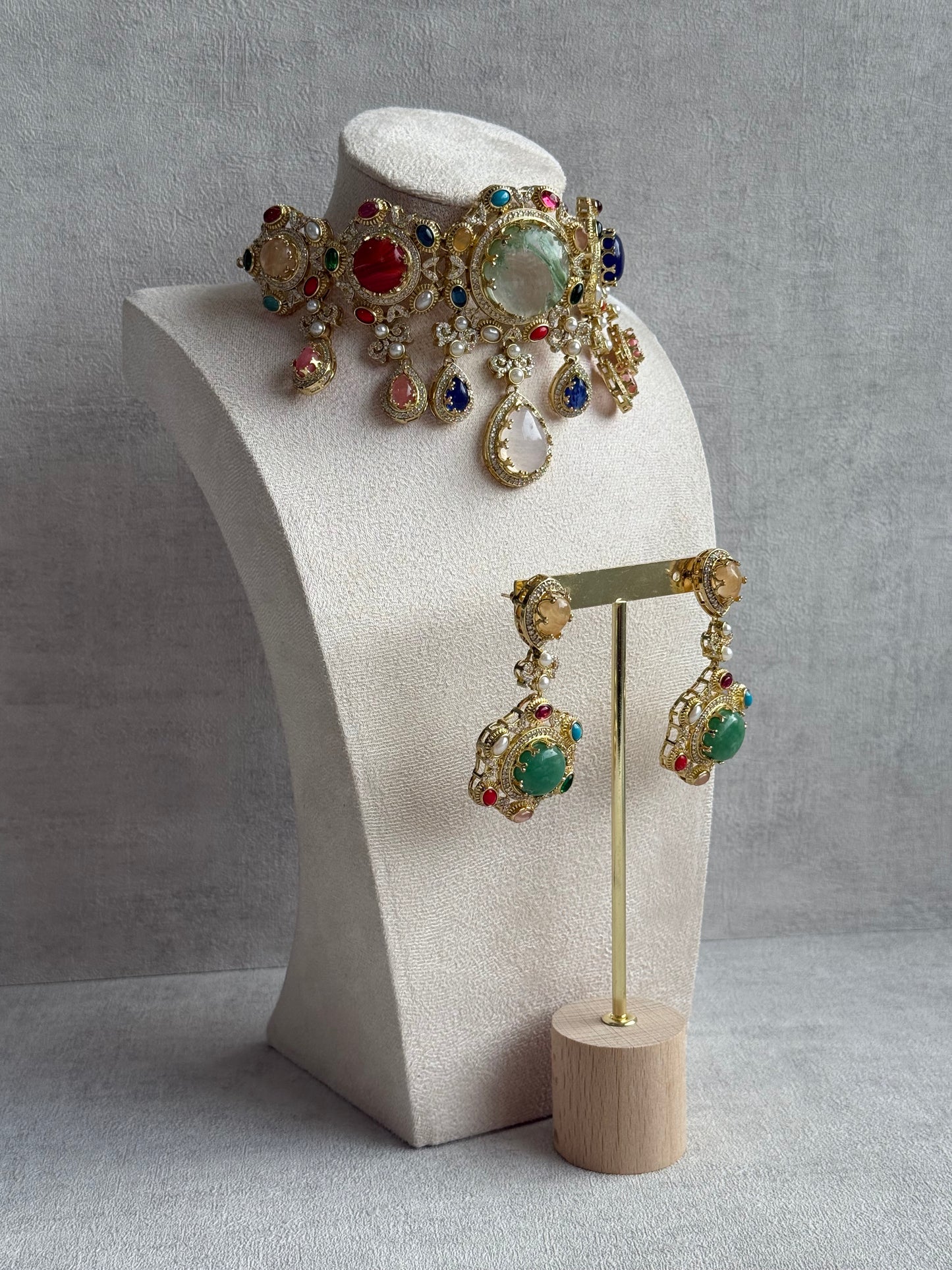 Ayura Designs Willow Choker Set – Statement Multicolour Stone Choker with Pearls & Antique Gold Detailing