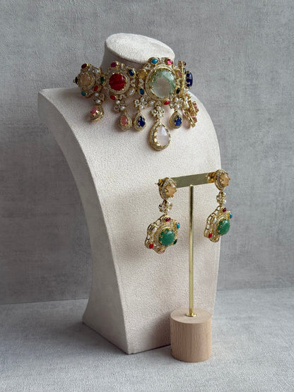 Ayura Designs Willow Choker Set – Statement Multicolour Stone Choker with Pearls & Antique Gold Detailing