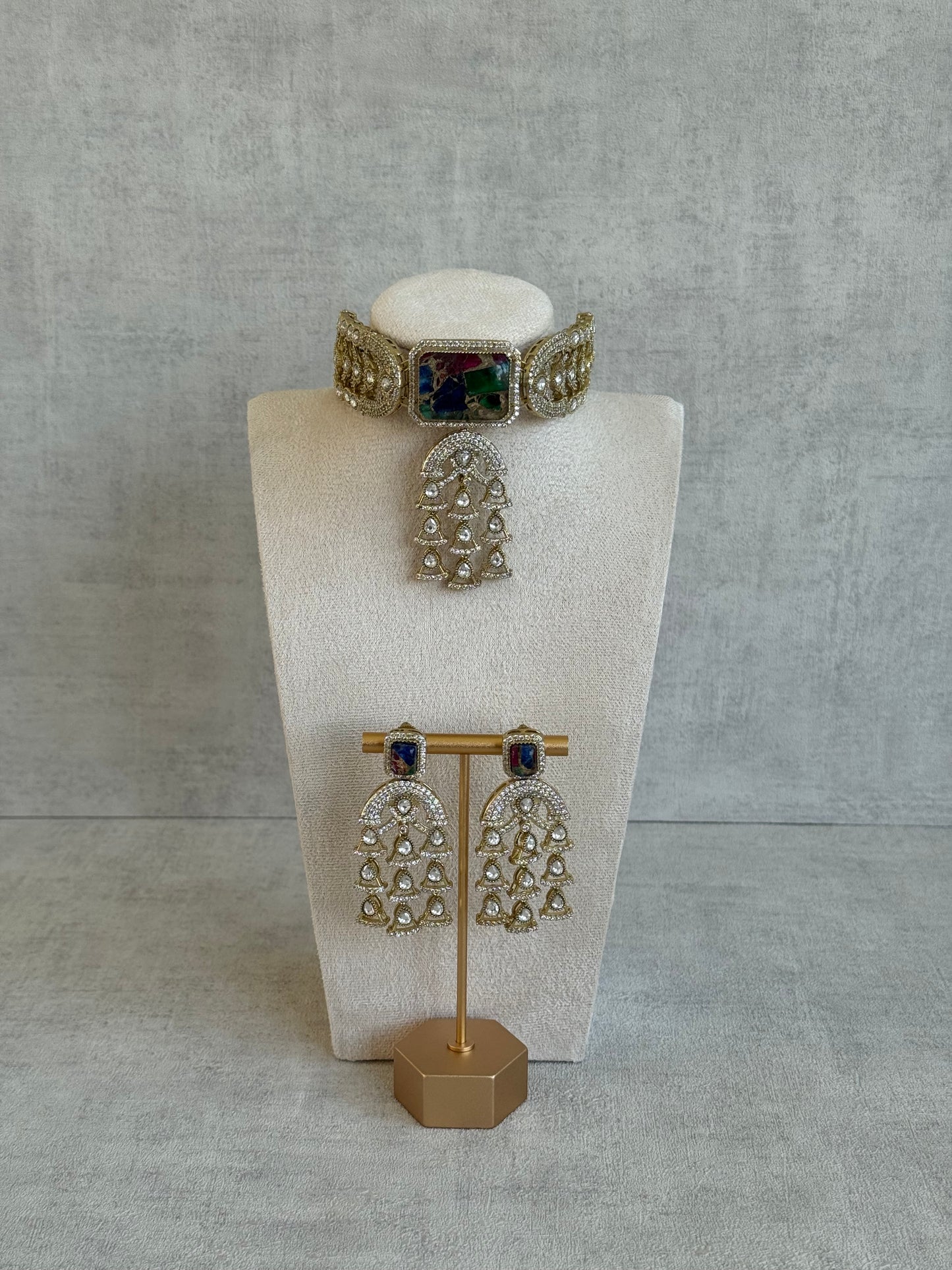 Ayura Designs Isla Choker Set with Earrings – Multicolour Marble & Moissanite Stones