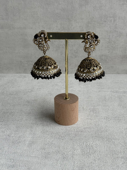 Ayura Designs Mayurika Jhumkis – Antique Gold Jhumkis with Crystal Stones, Black Beads & Peacock Motif