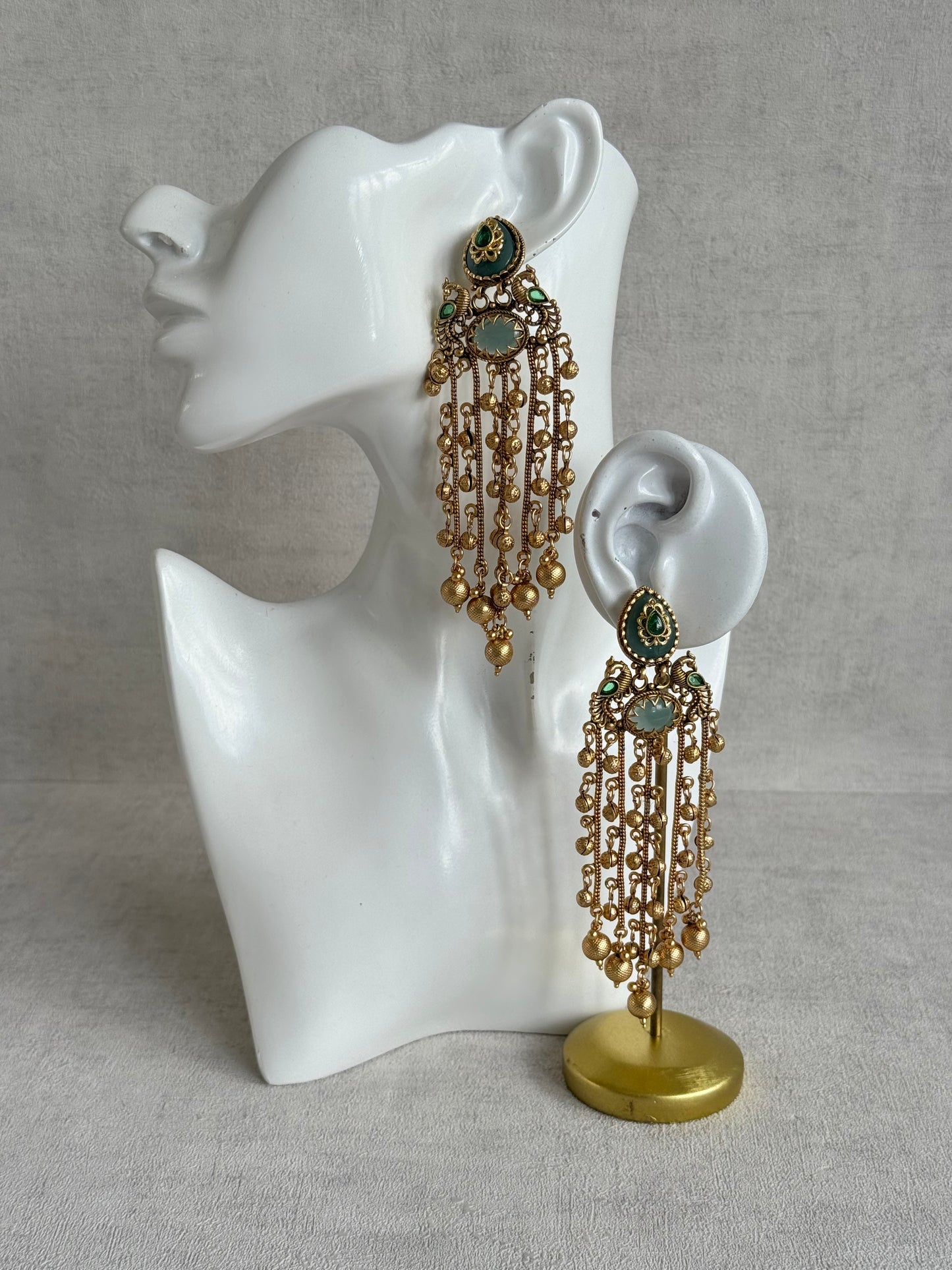 Ayura Designs Pakhi Earrings – Peacock Statement Earrings with Green Stones & Ghungroo Chain Tassels