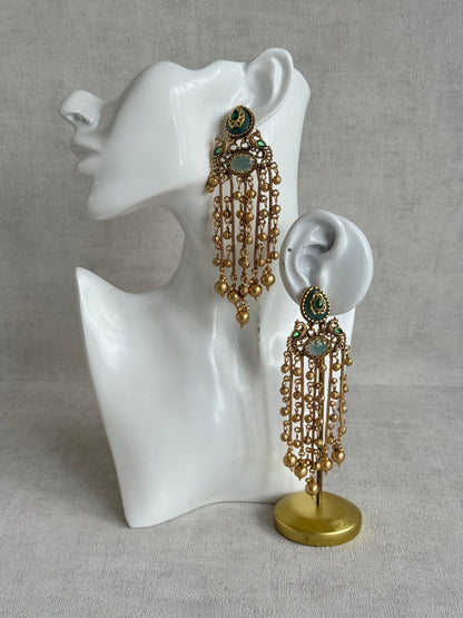 Ayura Designs Pakhi Earrings – Peacock Statement Earrings with Green Stones & Ghungroo Chain Tassels