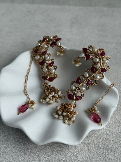 Ayura Designs Mastani Earrings – Gold Ear Climbers with Ruby Stones, Pearls & Jhumki Drops
