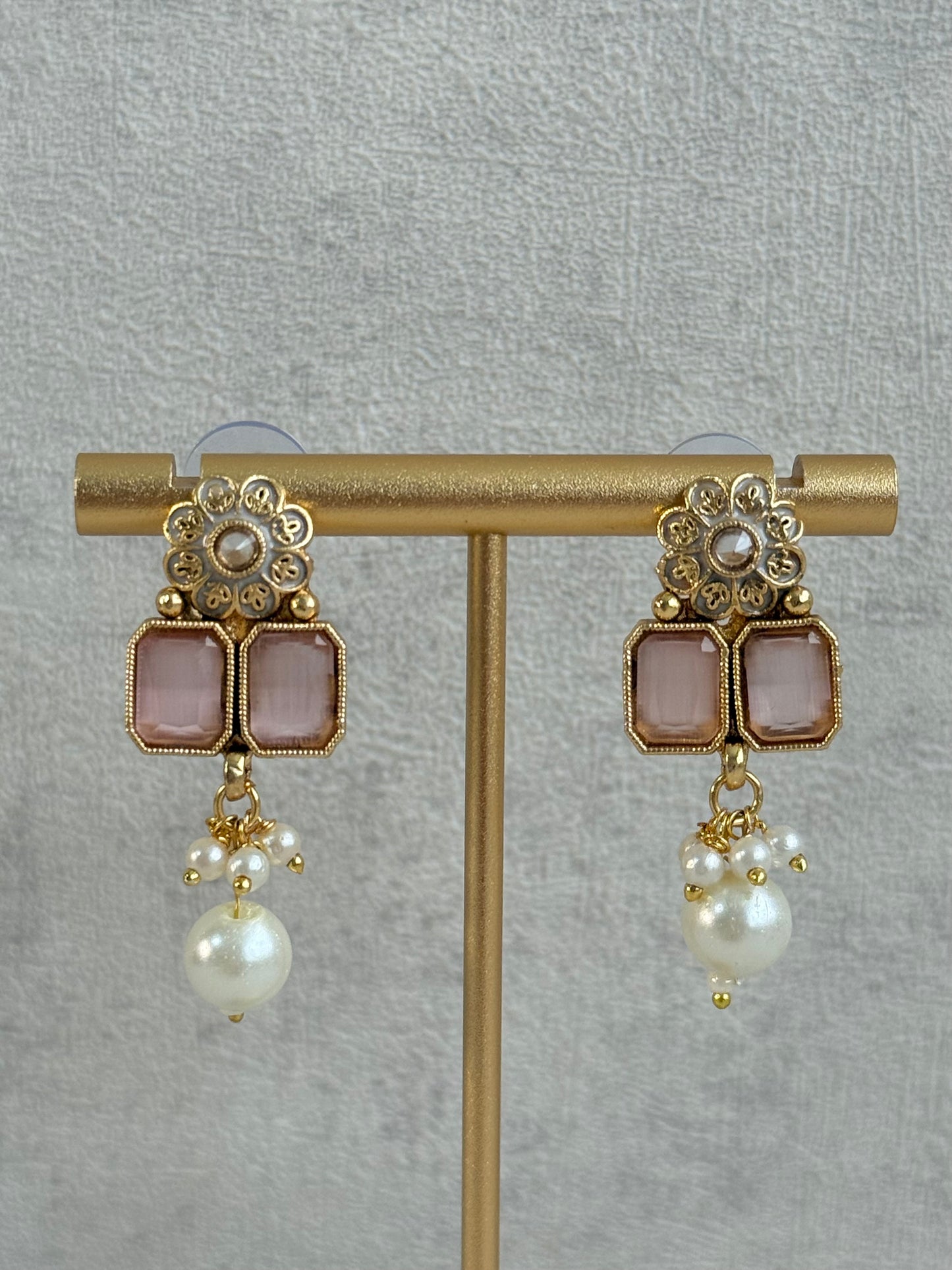 Ayura Designs Padma Necklace Set with Earrings – Blush Pink Stones with Pearl Drop Detailing