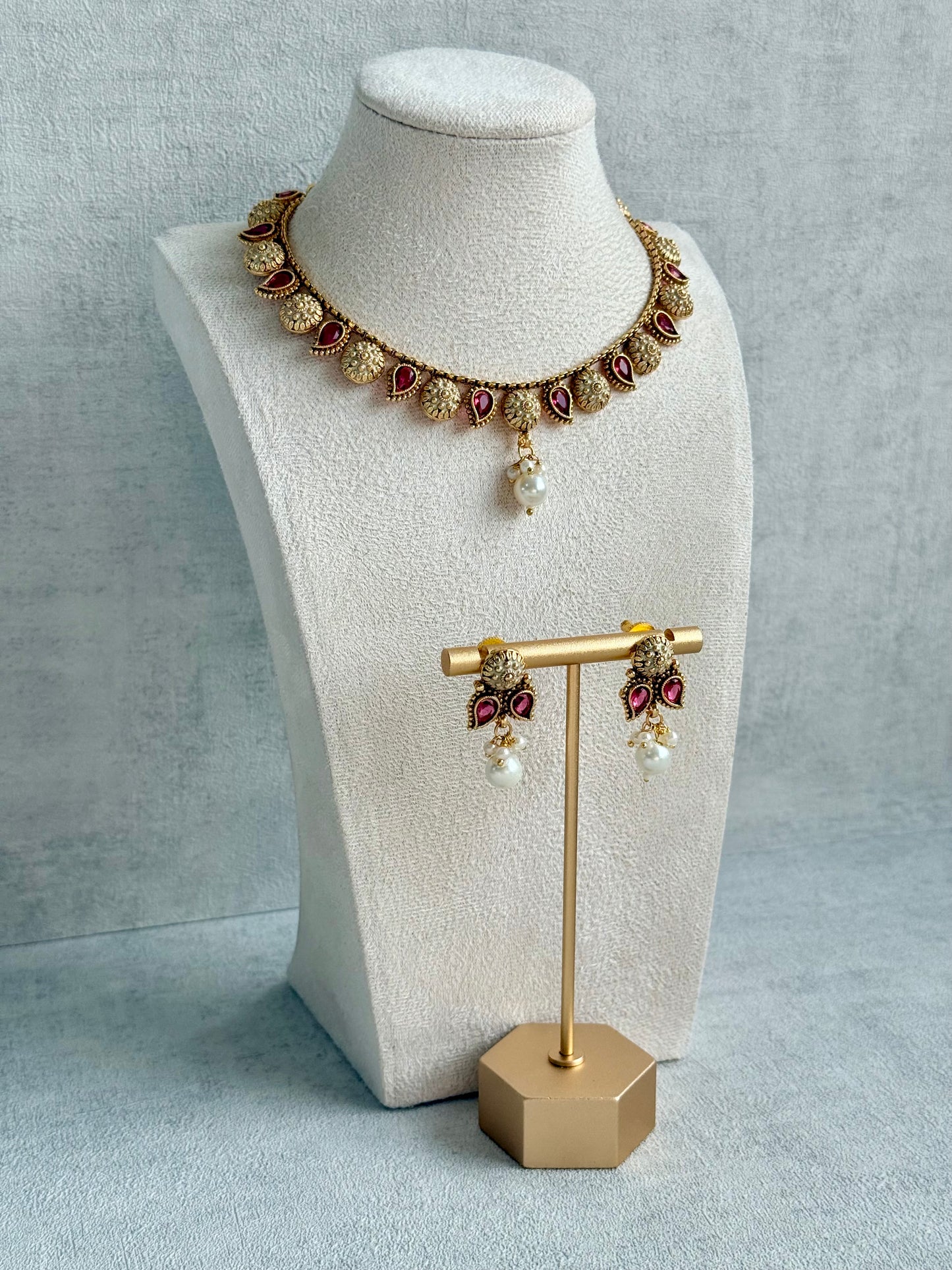 Ayura Designs Mayura Necklace Set with Earrings – Antique Gold Meenakari Motifs with Pearl Drop & Rani Pink Stones