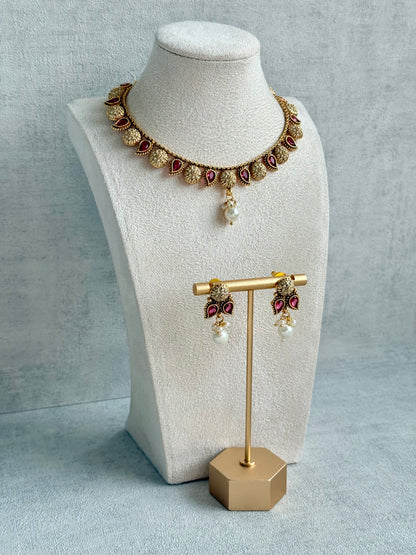 Ayura Designs Mayura Necklace Set with Earrings – Antique Gold Meenakari Motifs with Pearl Drop & Rani Pink Stones