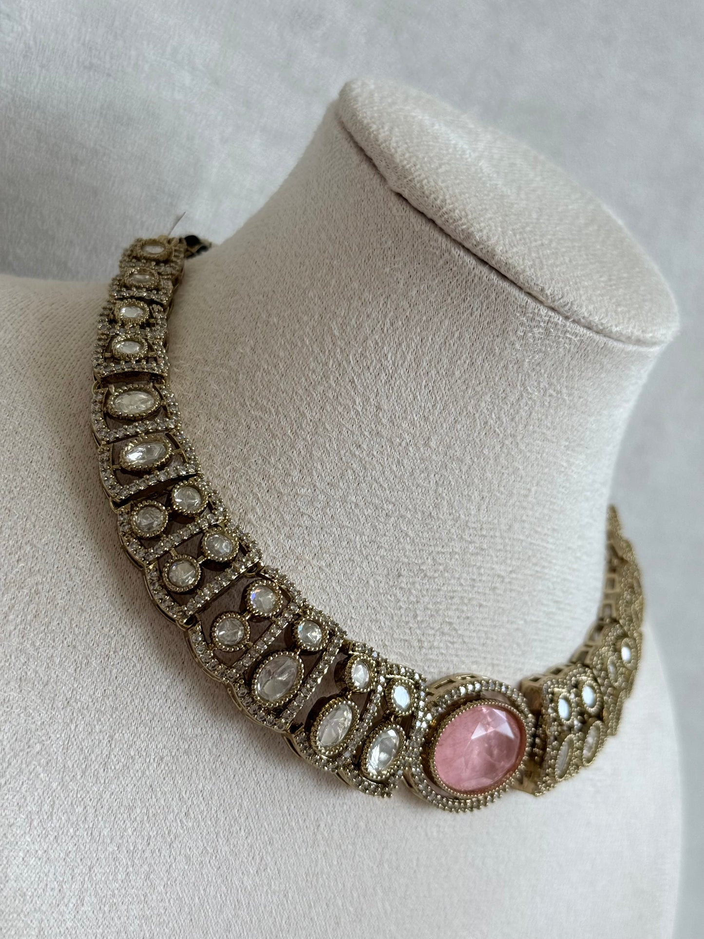 Ayura Designs Sadie Necklace Set with Earrings – Blush Pink Centre Stone, Moissanite Style Stones & Crystal Halo Detailing