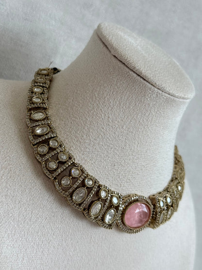 Ayura Designs Sadie Necklace Set with Earrings – Blush Pink Centre Stone, Moissanite Style Stones & Crystal Halo Detailing