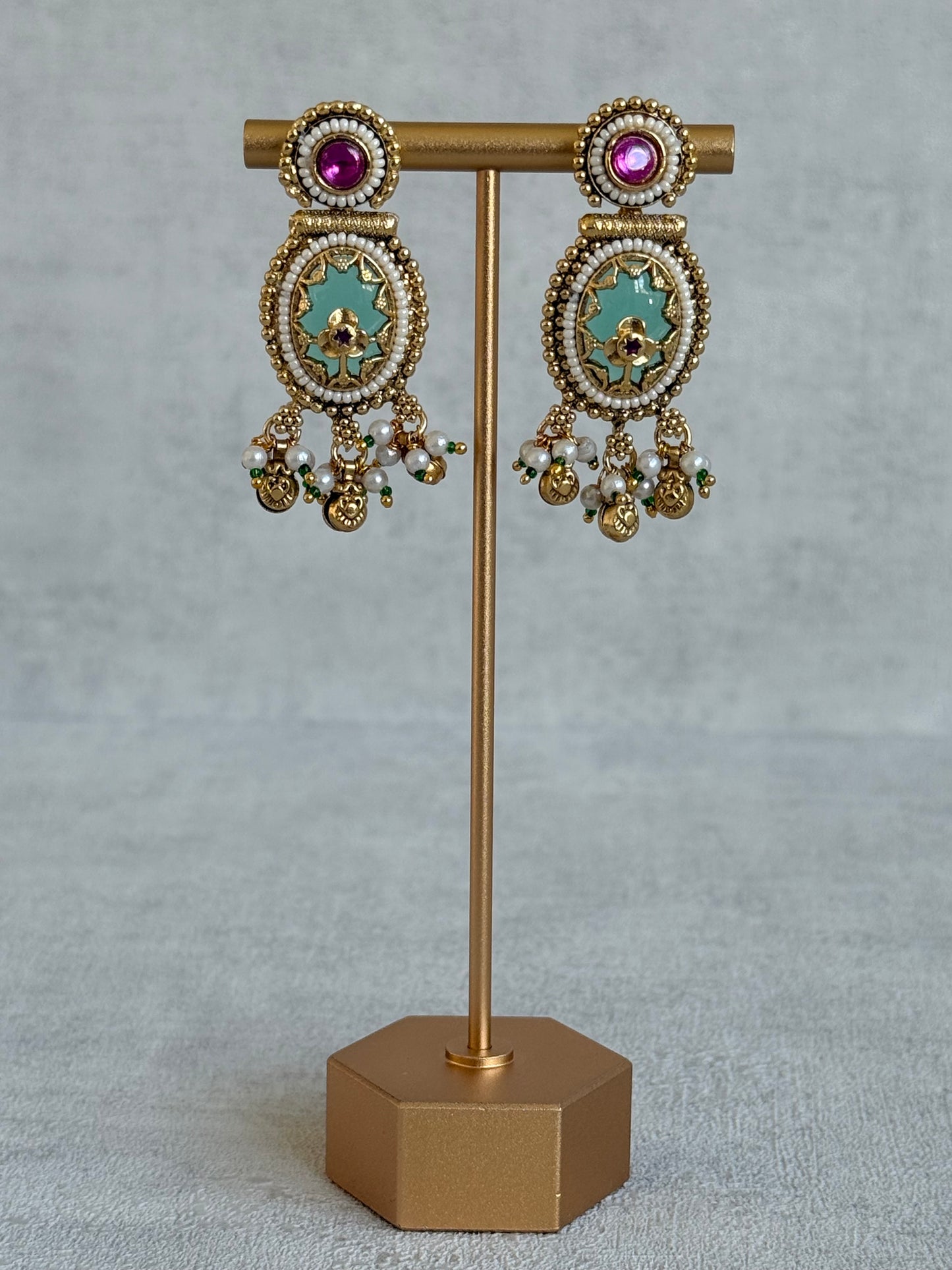 Ayura Designs Enjal Earrings – Mint Green Enamel, Pearl Beading, Pink Stone & Gold Finish
