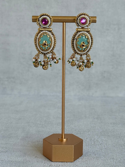 Ayura Designs Enjal Earrings – Mint Green Enamel, Pearl Beading, Pink Stone & Gold Finish