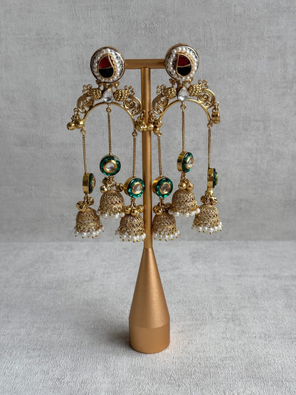 Ayura Designs Arzina Earrings – Triple Jhumki Earrings with Emerald Green Stones, Pearl Borders & Gold Detailing