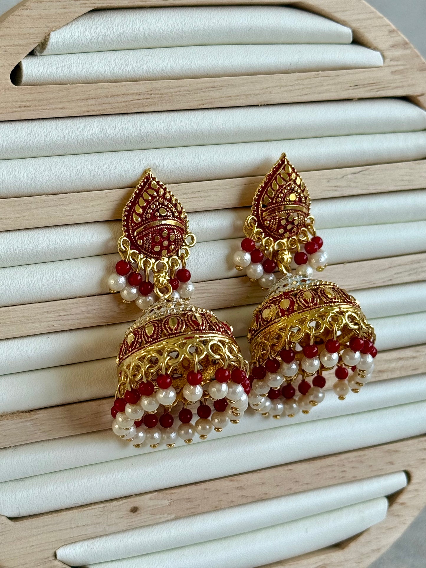 Ayura Designs Jogan Jhumkis – Red & White Beads with Antique Gold Detailing
