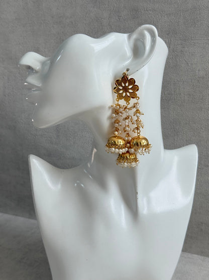 Ayura Designs Sassi Earrings – Pippal Patti Triple Jhumki Earrings with Pearl Cluster Detailing