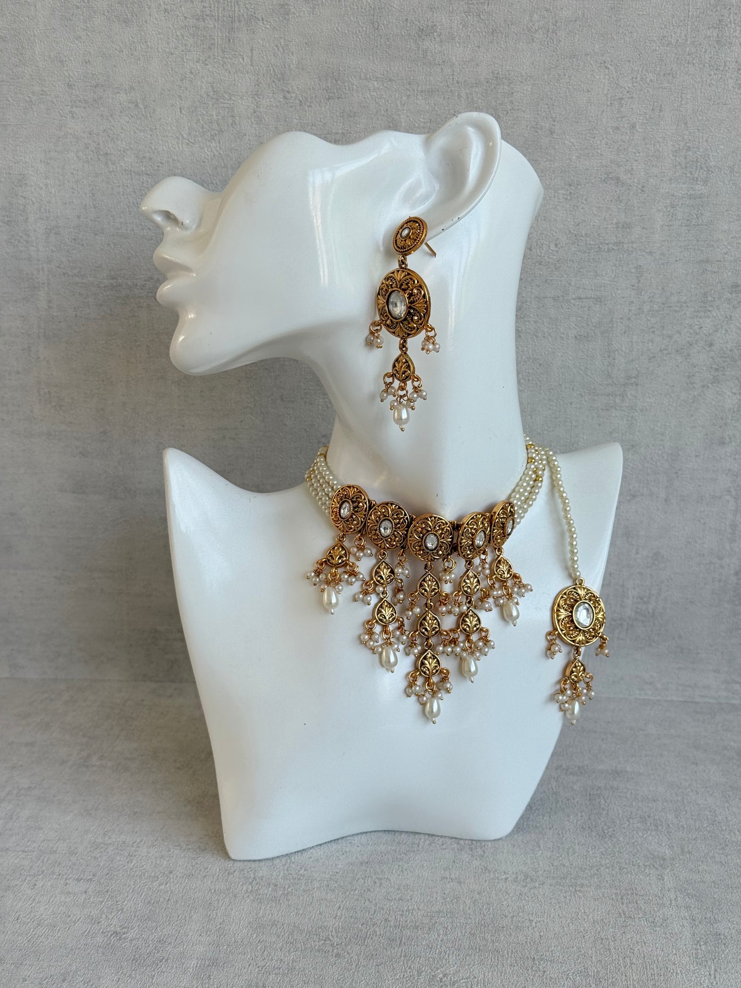 Ayura Designs Mohak Choker Set with Earrings & Tikka – Gold Waterfall Design with Kundan & Pearl Drops