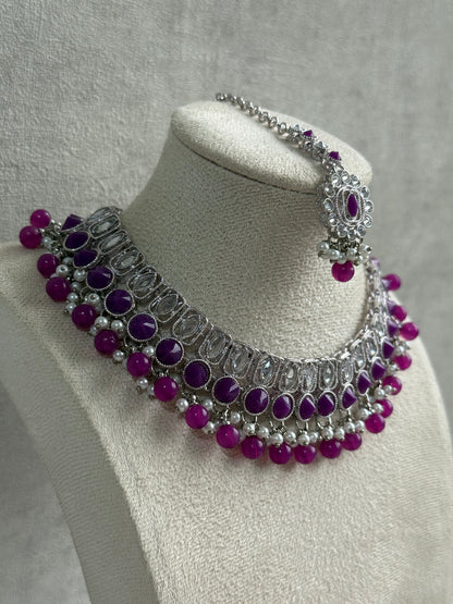 Ayura Designs Rayal Set – Silver Necklace, Jhumkis & Tikka with Amethyst Purple Stones & Pearl Detailing