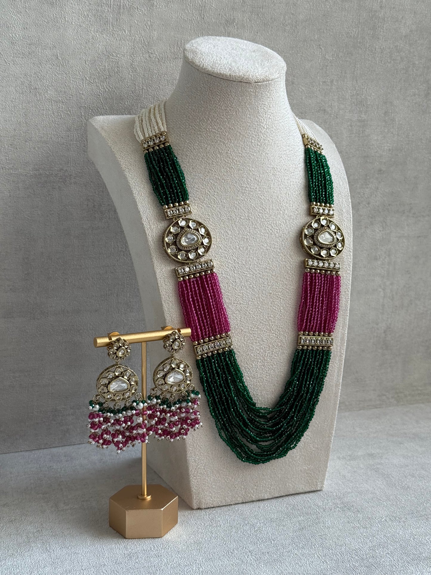 Ayura Designs Sienna Set – Long Layered Necklace & Earrings with Emerald, Berry Pink & Ivory Beads, Mirror-Cut Kundan & Pearl Detailing
