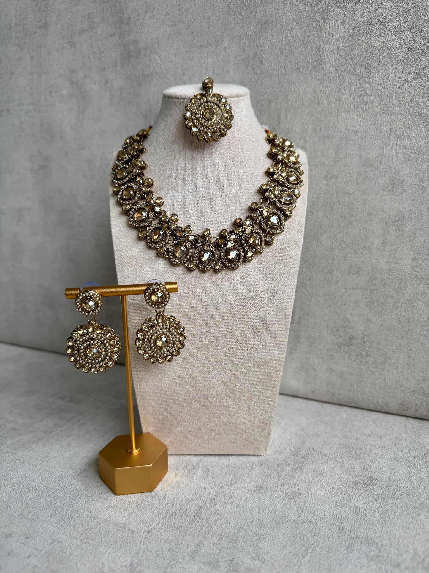 Ayura Designs Meher Set with Earrings & Tikka – Polki Elegance with Champagne-Colored Stones