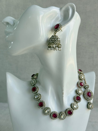 Ayura Designs Eira Necklace Set with Earrings & Tikka – Rani Pink & Crystal Stones with Antique Gold Finish