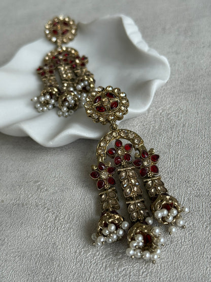 Ayura Designs Soraya Earrings – Ruby Red Stones, Champagne Crystals, Pearl Detailing & Gold Finish