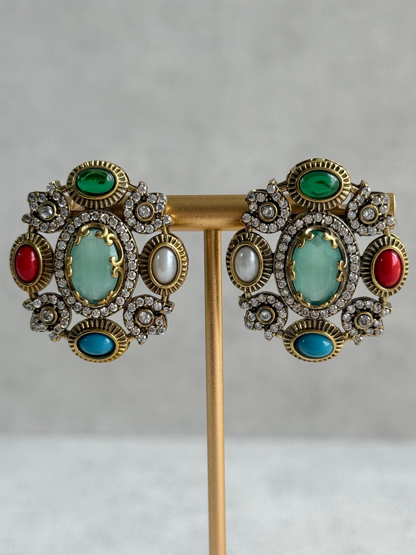 Ayura Designs Celia Stud Earrings – Sea Green & Multicolour Stones with Gold Finish