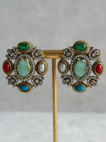 Ayura Designs Celia Stud Earrings – Sea Green & Multicolour Stones with Gold Finish