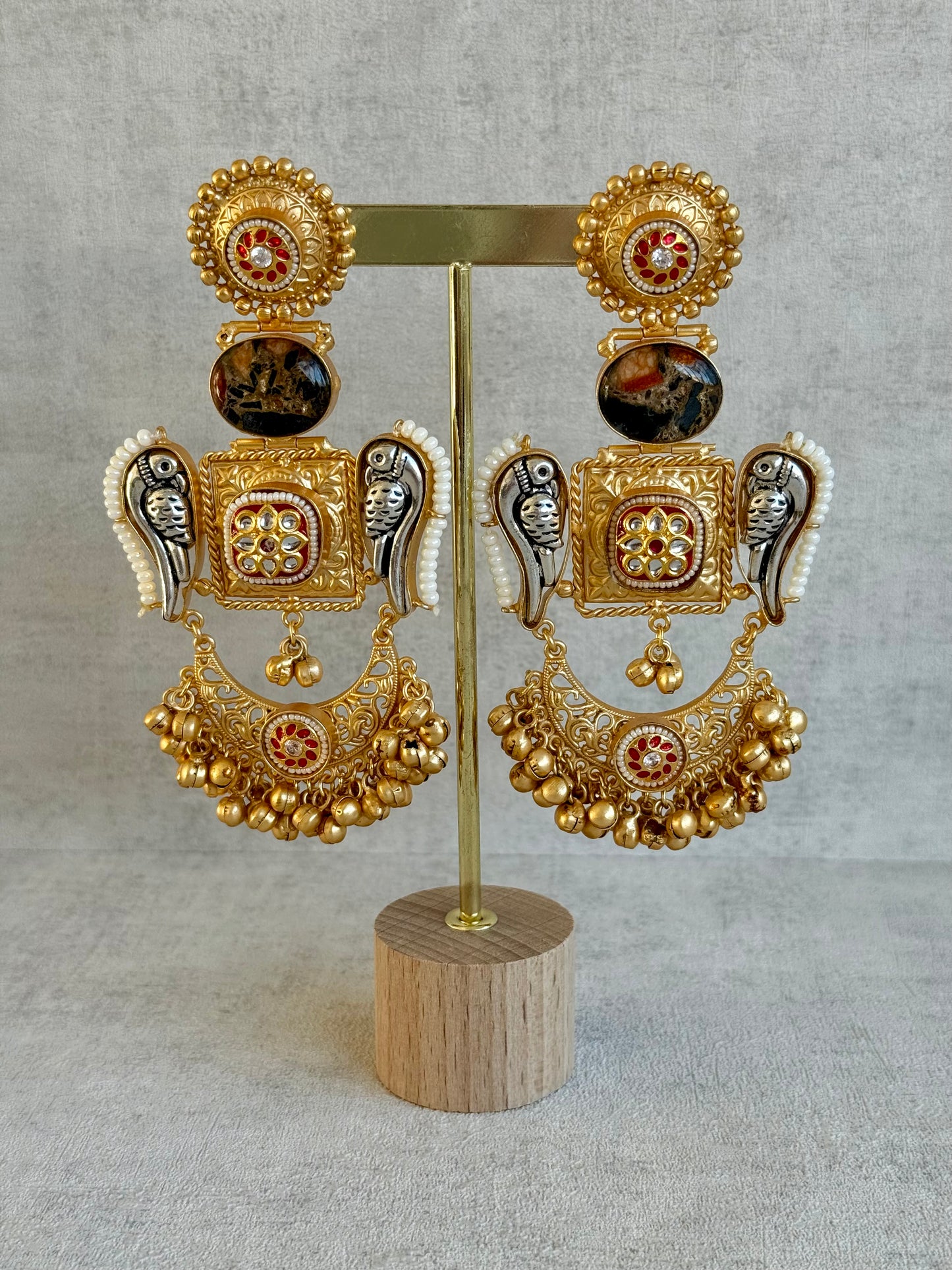 Ayura Designs Soha Earrings – Antique Gold with Smoky Amber Stone & Oxidised Parrots