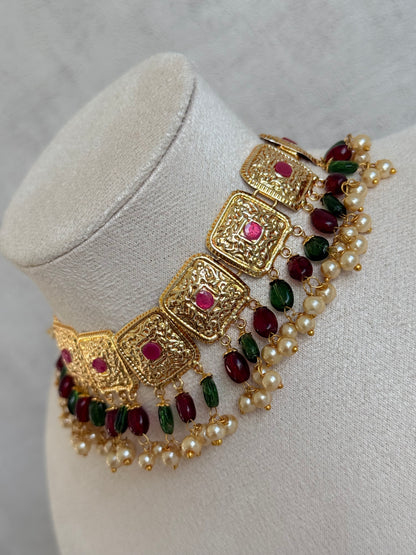 Ayura Designs Chetna Choker Set with Earrings & Tikka – Maroon & Emerald Green Beads, Cream Pearl Drops with Pipal Patti Detailing