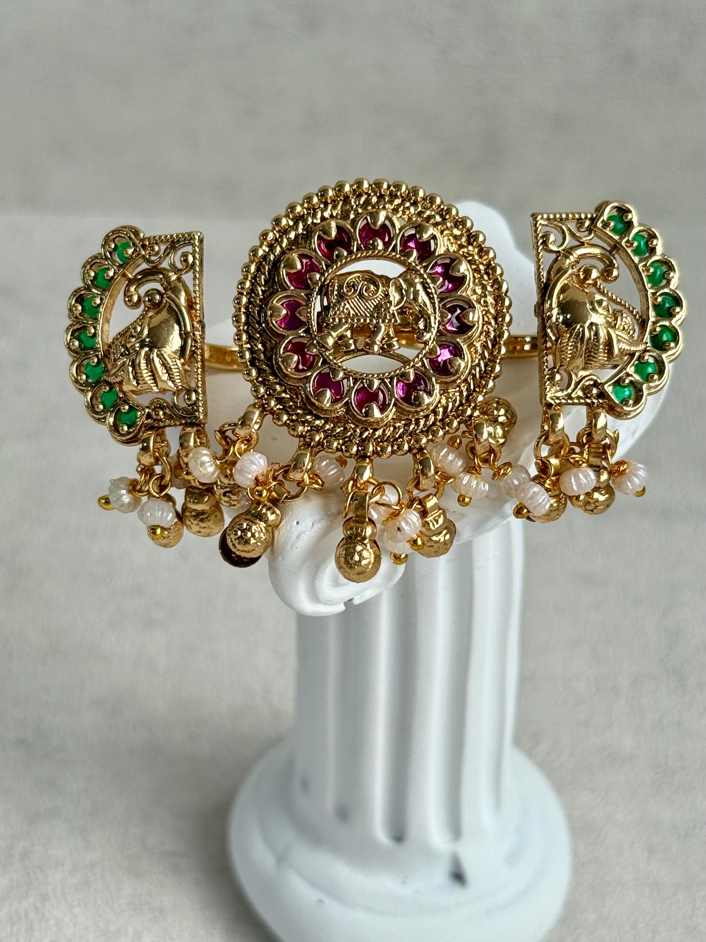 Ayura Designs Nira Adjustable Ring – Jadau-Inspired Gold Elephant Motifs with Rani Pink & Emerald Green Stones, Pearl Drops & Ghungroos