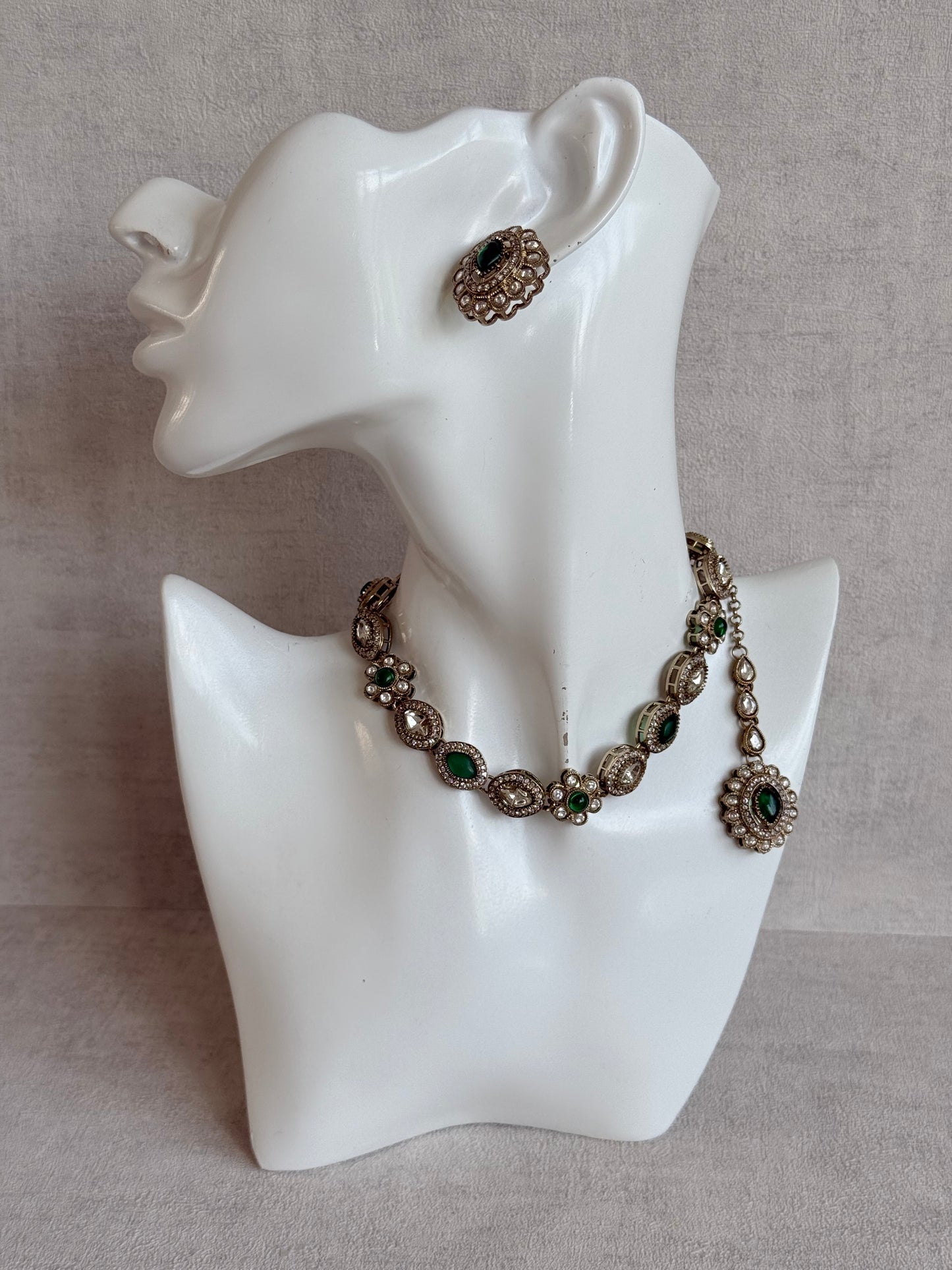 Ayura Designs Ivy Necklace Set with Studs & Tikka – Emerald Green Kundan Detailing