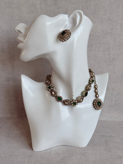 Ayura Designs Ivy Necklace Set with Studs & Tikka – Emerald Green Kundan Detailing