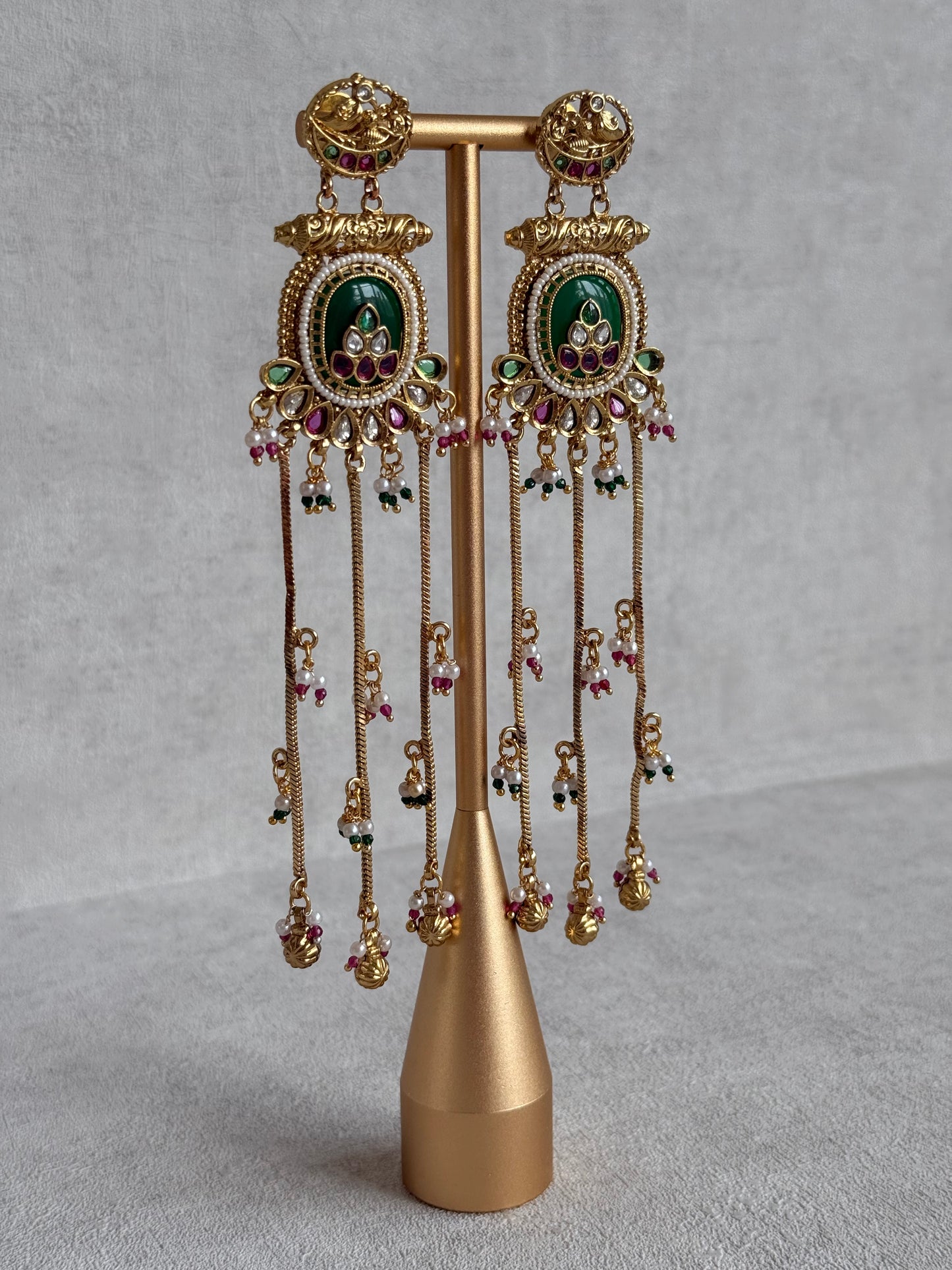 Ayura Designs Kaveri Earrings – Gold Long Chain Drop Earrings with Kundan, Pearls & Ghungroo Detailing – Emerald Green