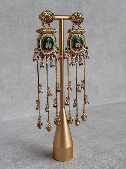 Ayura Designs Kaveri Earrings – Gold Long Chain Drop Earrings with Kundan, Pearls & Ghungroo Detailing – Emerald Green