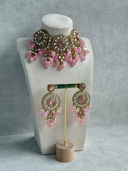 Ayura Designs Harper Set – Antique Gold Choker & Earrings with Blush Pink Beads, Kundan Stones & Pearl Detailing