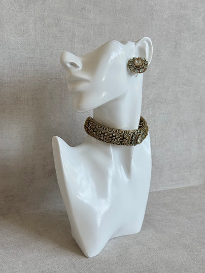 Ayura Designs Genevieve Choker Set with Studs – Mint Crystal Kundan in Antique Gold